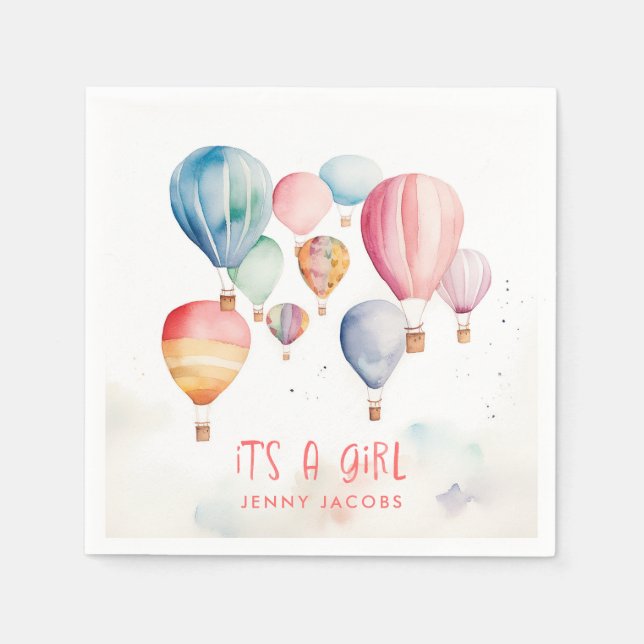 Flying hot air balloons its a girl paper fun napkin (Front)