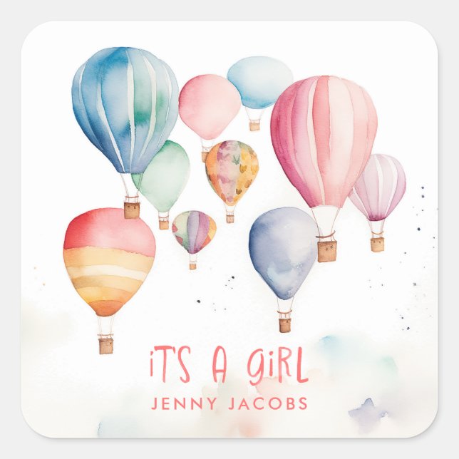 Flying hot air balloons it's a girl paper fun square sticker (Front)