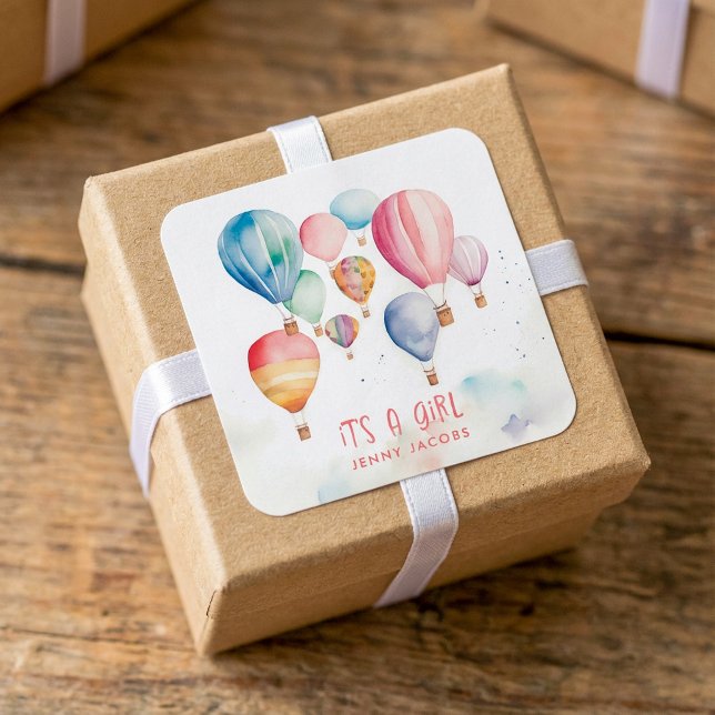 Flying hot air balloons it's a girl paper fun square sticker (Flying hot air balloons it's a girl paper fun square sticker.)