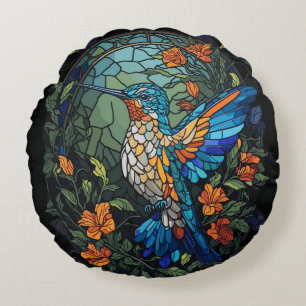 Flying Humming Bird Colorful Stained Glass Round Cushion