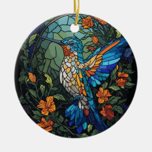 Flying Humming Bird Colourful Stained Glass Ceramic Tree Decoration