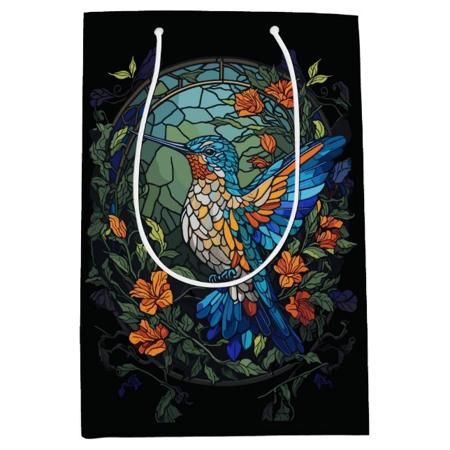 Flying Humming Bird Colourful Stained Glass Medium Gift Bag (Front)