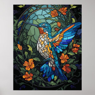 Flying Humming Bird Colourful Stained Glass Poster
