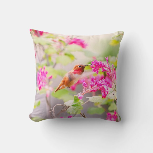 Flying Hummingbird and Red Currant Flowers Cushion (Front)
