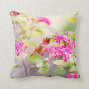 Flying Hummingbird and Red Currant Flowers Cushion