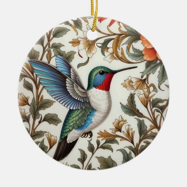Flying Hummingbird William Morris Inspired Ceramic Tree Decoration (Front)