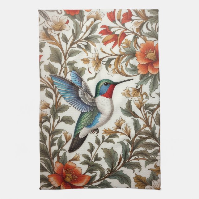 Flying Hummingbird William Morris Inspired Tea Towel (Vertical)
