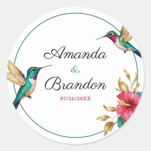 Flying Hummingbirds Red Tropical Flower Wedding Classic Round Sticker