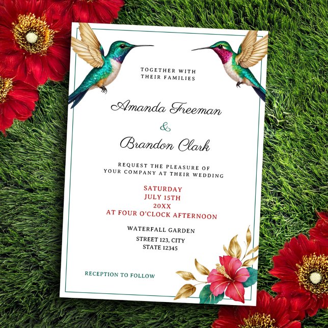 Flying Hummingbirds Red Tropical Flower Wedding Invitation (Creator Uploaded)