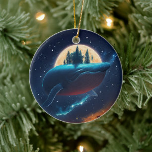 Flying Humpback Whale Moonlight Sea Starry Forests Ceramic Tree Decoration