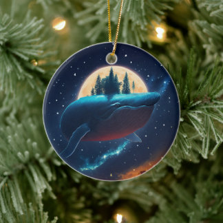 Flying Humpback Whale Moonlight Sea Starry Forests Ceramic Tree Decoration
