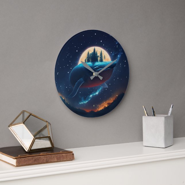 Flying Humpback Whale Moonlight Sea Starry Forests Large Clock (Office)