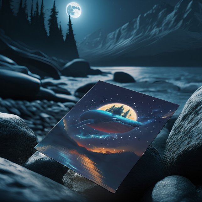 Flying Humpback Whale Moonlight Sea Starry Forests Postcard (Creator Uploaded)