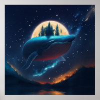 Flying Humpback Whale Moonlight Sea Starry Forests