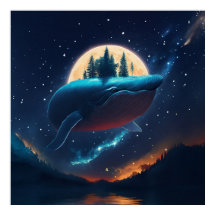 Flying Humpback Whale Moonlight Sea Starry Forests