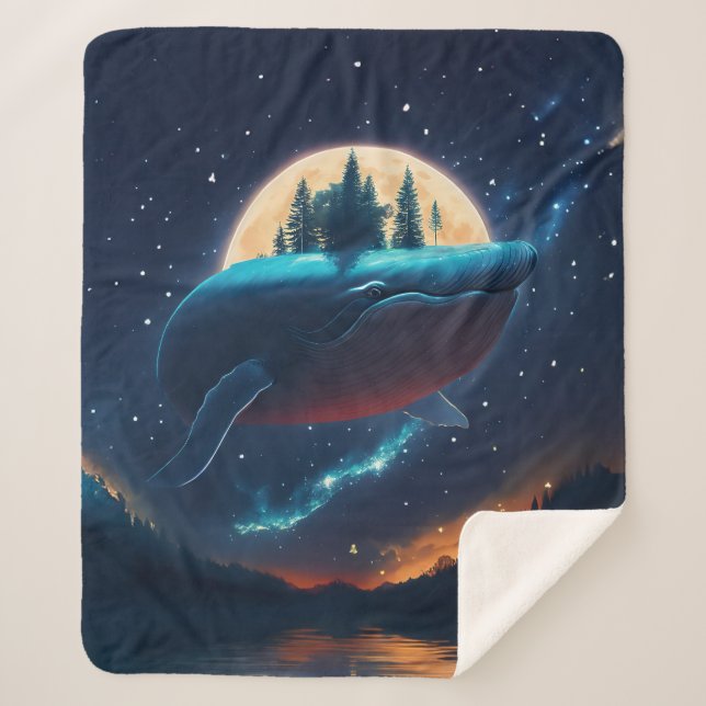 Flying Humpback Whale Moonlight Sea Starry Forests Sherpa Blanket (Front)