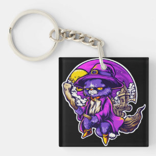 Flying Kitty Cat Witch Illustration Key Ring