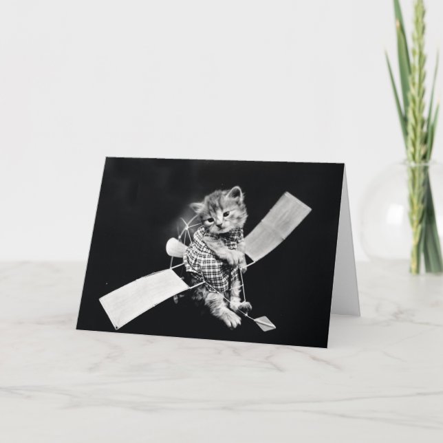 Flying Kitty Vintage Black and White Card (Front)