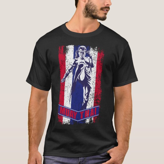 Flying Knee Strike Muay Thai Fighter Thailand Flag T-Shirt (Front)
