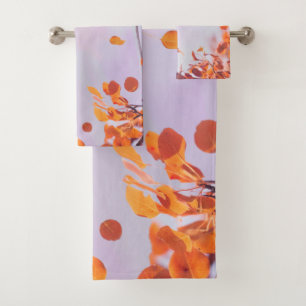 Flying Leaves In Fall Season On Lavender Sky Bath Towel Set