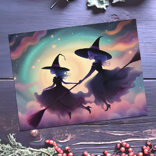 Flying Lessons Halloween Witch Mum & Daughter Pink Holiday Postcard