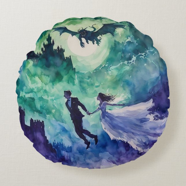 Flying Lovers - Watercolor Painting Round Cushion (Front)
