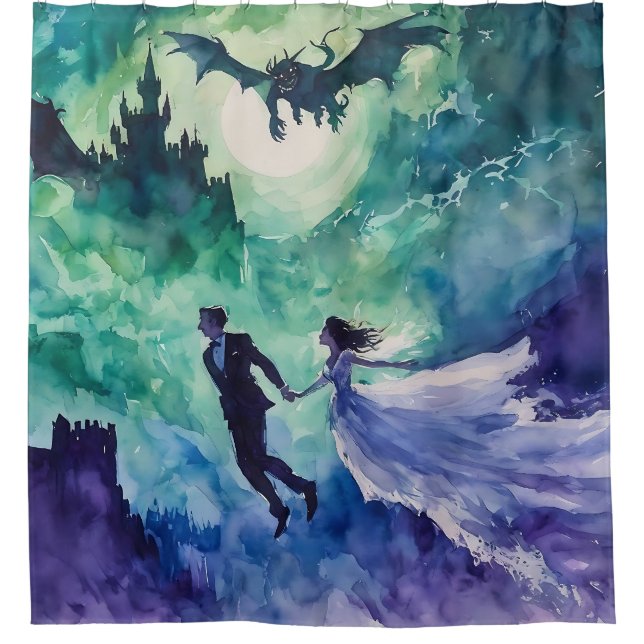 Flying Lovers - Watercolor Painting Shower Curtain (Front)