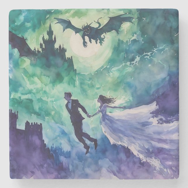 Flying Lovers - Watercolor Painting Stone Coaster (Front)