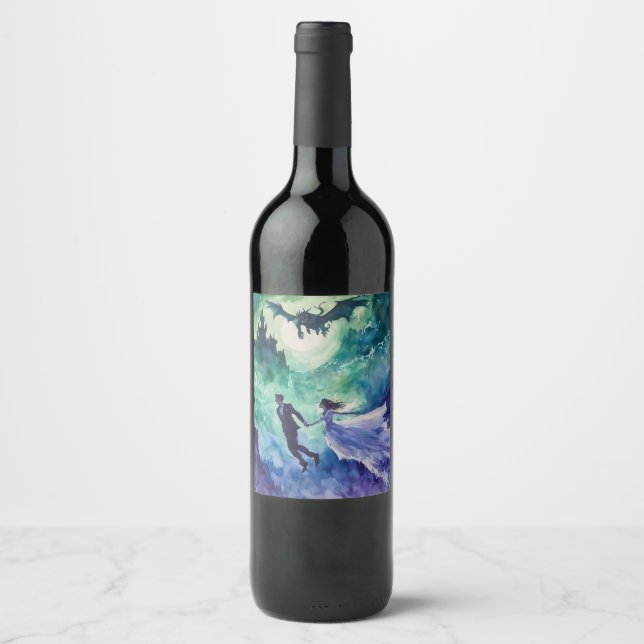 Flying Lovers - Watercolor Painting Wine Label (Front)