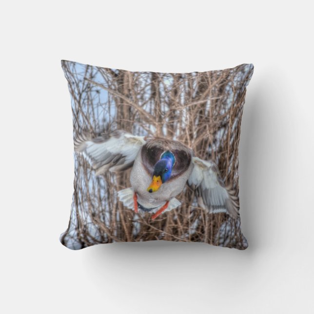 Flying Mallard Duck Drake Wildlife Photo Cushion (Front)