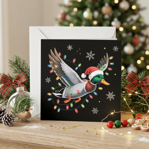 Flying Mallard Duck Santa Hat Christmas Lights Art Holiday Card