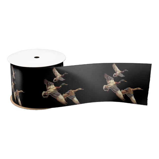 Flying Mallard Ducks On Black Satin Ribbon (Spool)