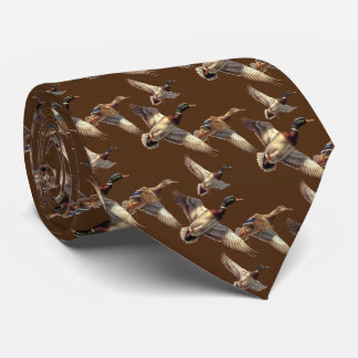 Flying Mallard Ducks On Brown Tie