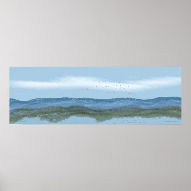 "flying north"  mountains with birds and lake poster (Front)