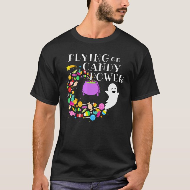 Flying On Candy Power Happy Cute Ghost Halloween C T-Shirt (Front)