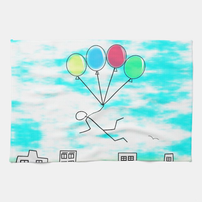 Flying Over The City With Balloons Tea Towel (Horizontal)
