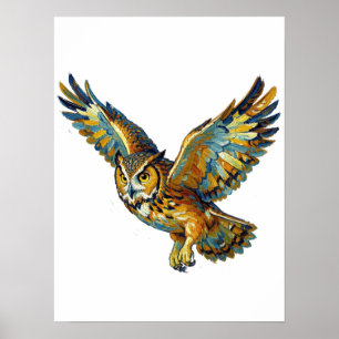 Flying Owl Abstract Colorful Brushstroke Art Poster