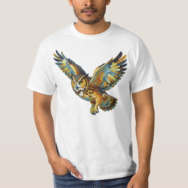 Flying Owl Abstract Colorful Brushstroke Art T-Shirt (Front)