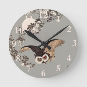 Flying Owl Japanese Print Art Vintage by Shōson Round Clock