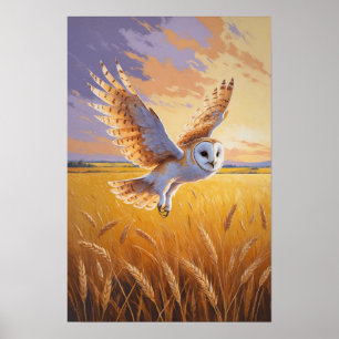 Flying Owl Over Golden Field Wildlife Sunset Art Poster