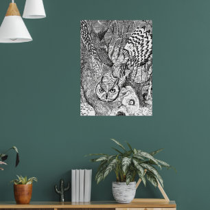 Flying owl woodland poster, black and white nature poster