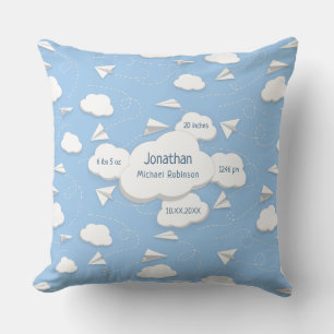 flying paper aeroplanes clouds baby birth stats cushion