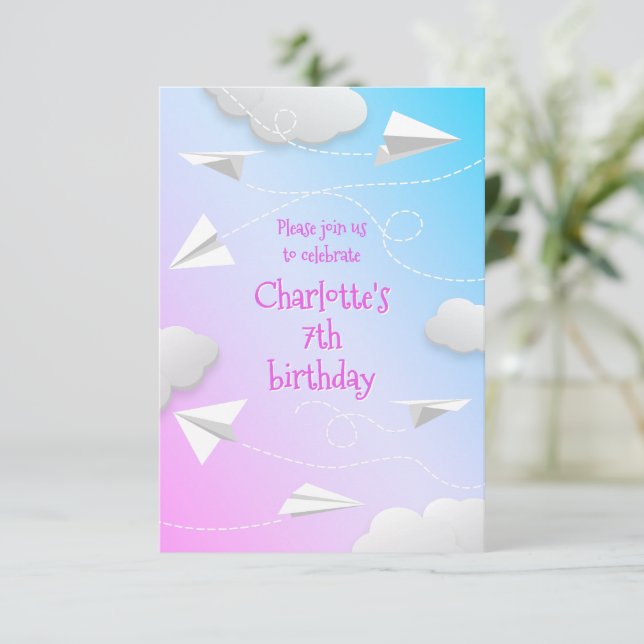 flying paper aeroplanes girls pink blue birthday announcement (Standing Front)