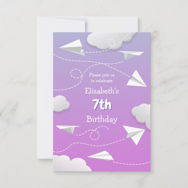 flying paper aeroplanes girly pink purple birthday announcement (Front)