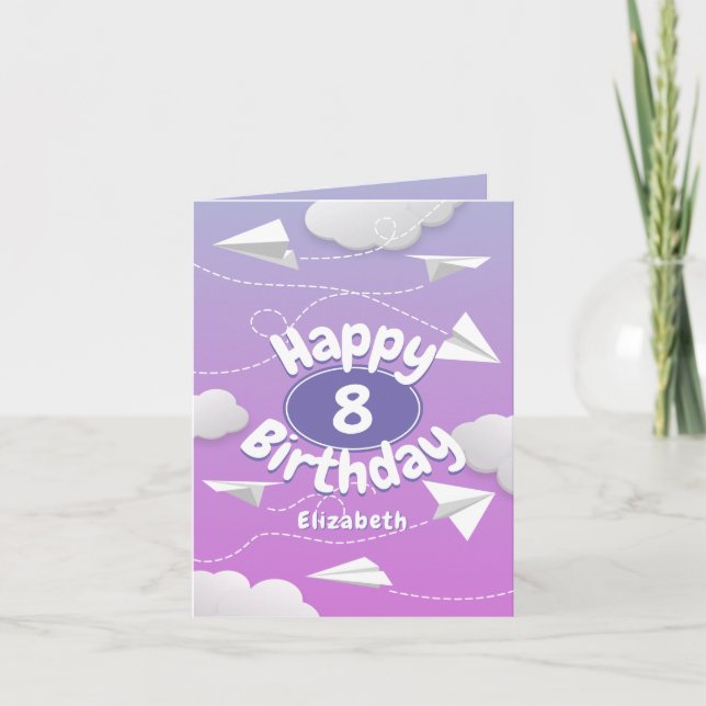 flying paper aeroplanes girly pink purple birthday card (Front)