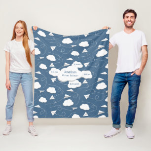 flying paper aeroplanes w puffy clouds slate blue fleece blanket