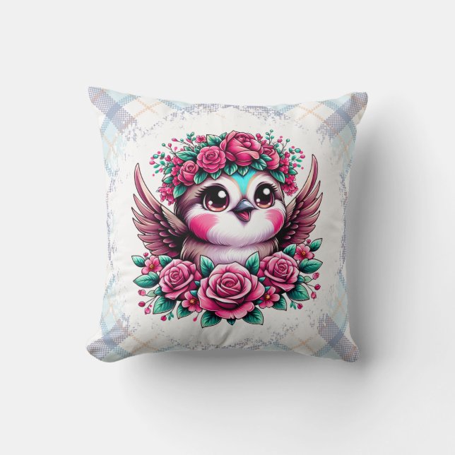 Flying Penguin with Pink Roses Cushion (Front)