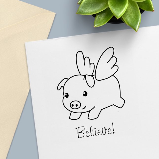 Flying Pig - Believe, Piglet with Wings Self-inking Stamp (Creator Uploaded)