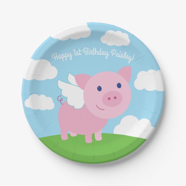 Flying Pig Cute 1st Birthday Party Decor Paper Plate (Front)