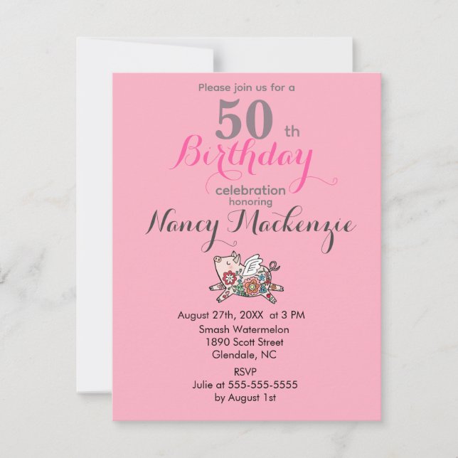 Flying Pig Cute Barn Animal Customizable Birthday  Invitation (Front)